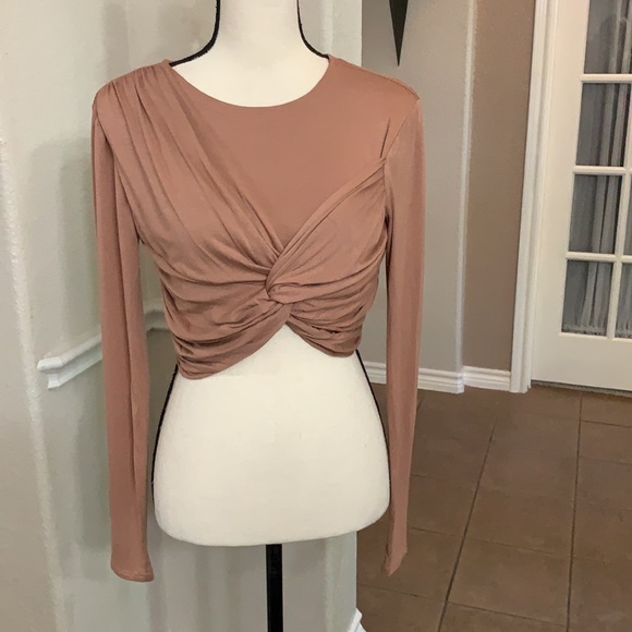 Peach Love tan front twist cropped top - Picture 1 of 17